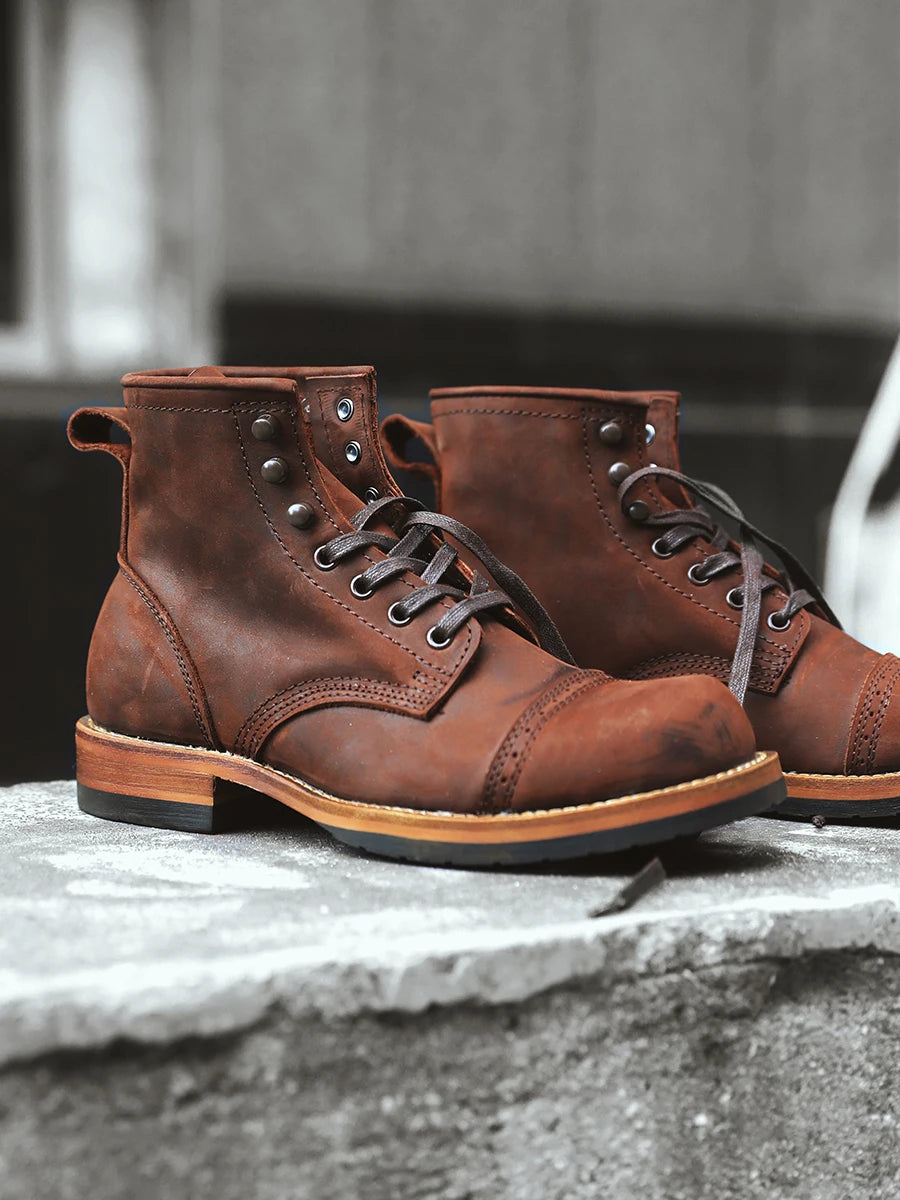 Retro American Amekajie  Boots Large Head High Top Worn Color Work Boots Motorcycle Style Youth Low Heel