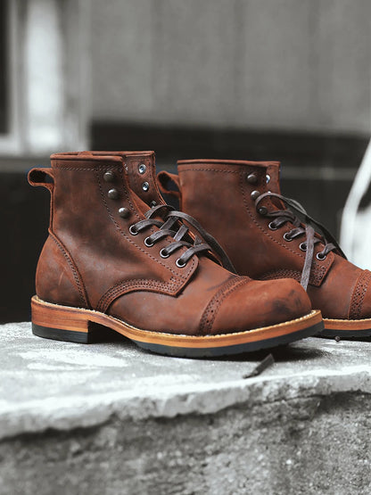 Retro American Amekajie  Boots Large Head High Top Worn Color Work Boots Motorcycle Style Youth Low Heel