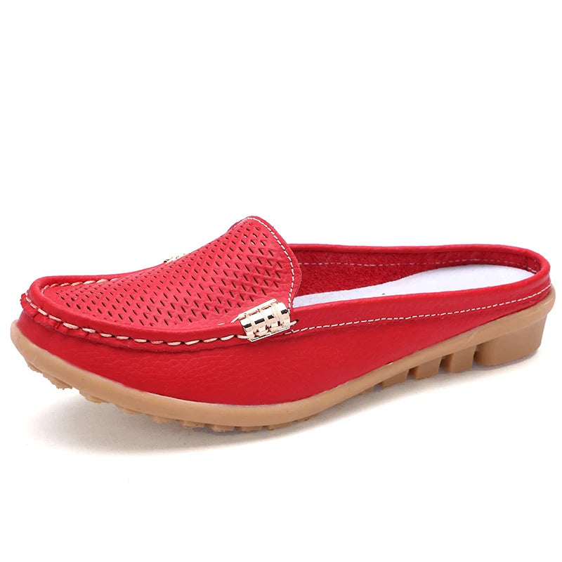 Women Casual Shoes Hollow Out Lady Half Lofers Genuine Leather Flats Moccasins Women Luxury Brand Half Slippers Zapatillas Mujer