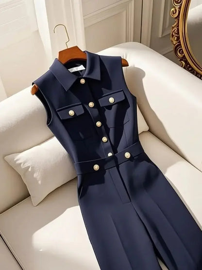 Korean Retro Polo Collar Single Breasted Pockets Navy Blue Jumpsuits Frence Fashion Office Lady All-match Summer Long Jumpsuit