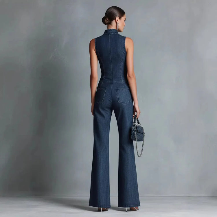 Streetwear Women's Denim Sleeveless Flare Jumpsuit, High Neck Front Zip Wide Leg Overalls Casual Cargo Denim Jumpsuit