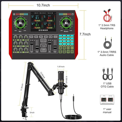 Tenlamp Podcast Equipment with 3.5mm Condenser Mic, Sound Board for PC/Phone Podcast Recording, Voice Changer, Denoise,Reverb,Phantom Power，G10 Live Streaming Audio Interface Gaming Audio Mixer，KOL Singing DJ Mixing Stati