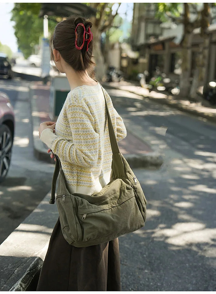 100% Cotton Shoulder Bags Women Large Capacity Canvas Tooling Packages Korea Style Cloth Crossbody Bags Solid Messenger Bags