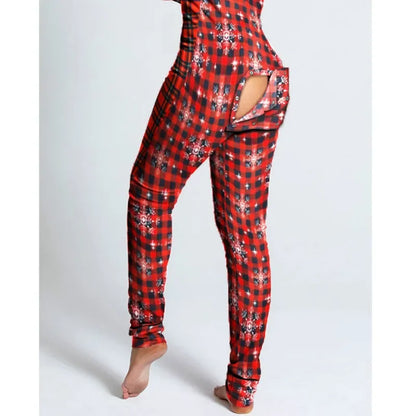 New Women Pajamas Sexy V-neck Jumpsuit Plaid Casual Long Sleeve Pyjama Button-down Front Functional Buttoned Flap Sleepwear