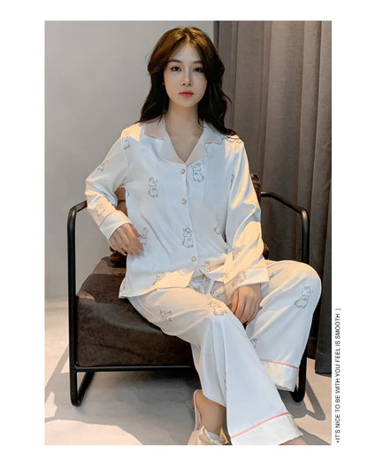 Women's Ice Silk Pajama Set Long Sleeve Long Pants Lightweight Sleepwear for Spring And Autumn Comfortable Homewear Pj Set