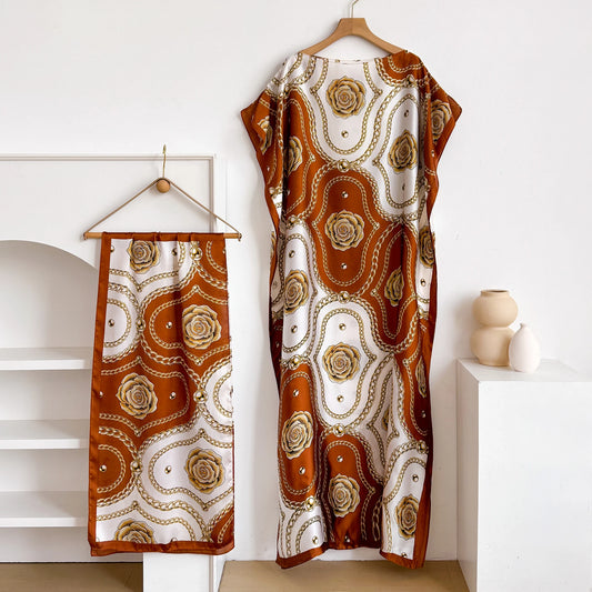 Fashion Summer Print Dress With Big Scarf Dubai Turkey Kaftan Muslim Loose Abaya Women African Casual Paisley Shawl Robe MOOMOO