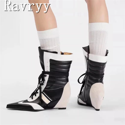 Niche Design Pointed Toe Colorblock Short Boots Fashion Women's Wedge Heel Lace Up Sporty Boxing Boots