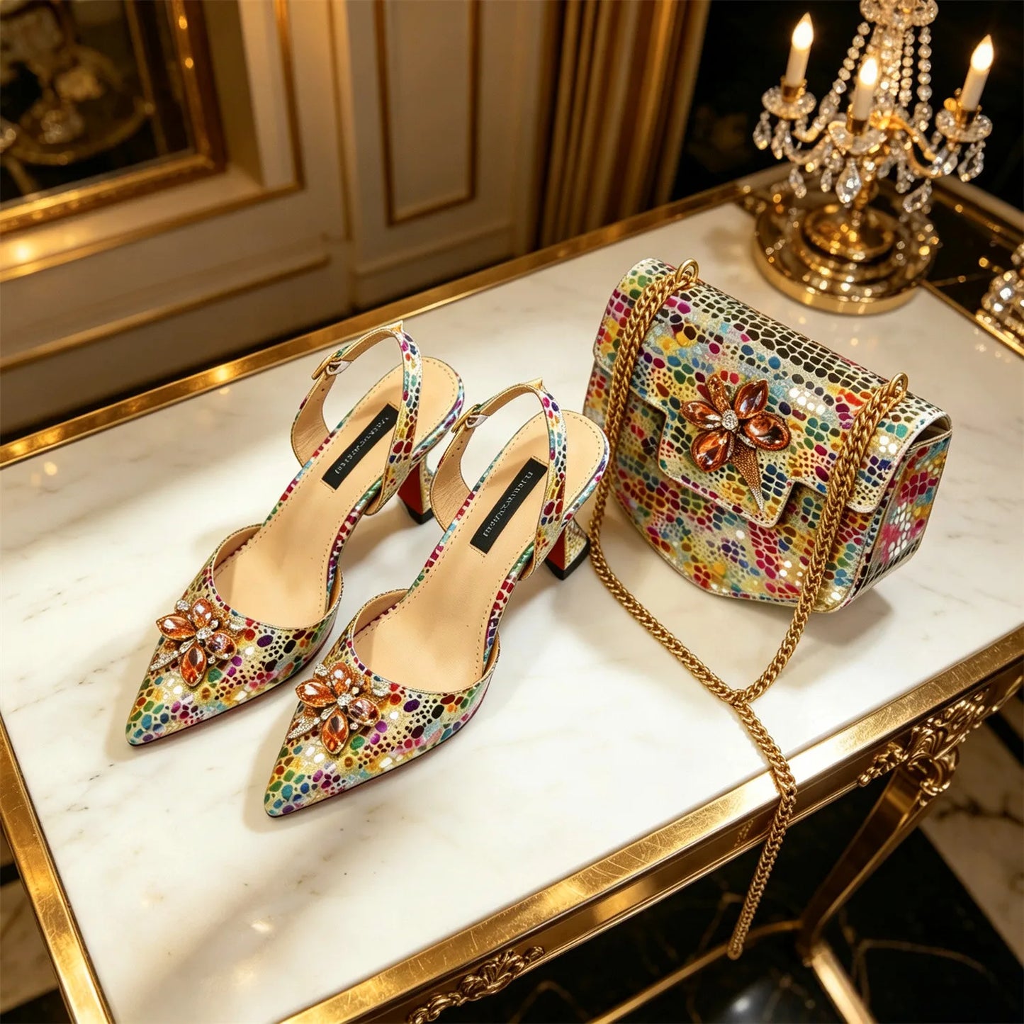 Venus Chan Elegant Rhinestone Heels & Matching Bag Set, Colorful Print Pointed Toe Block Heels for Banquet Club Night