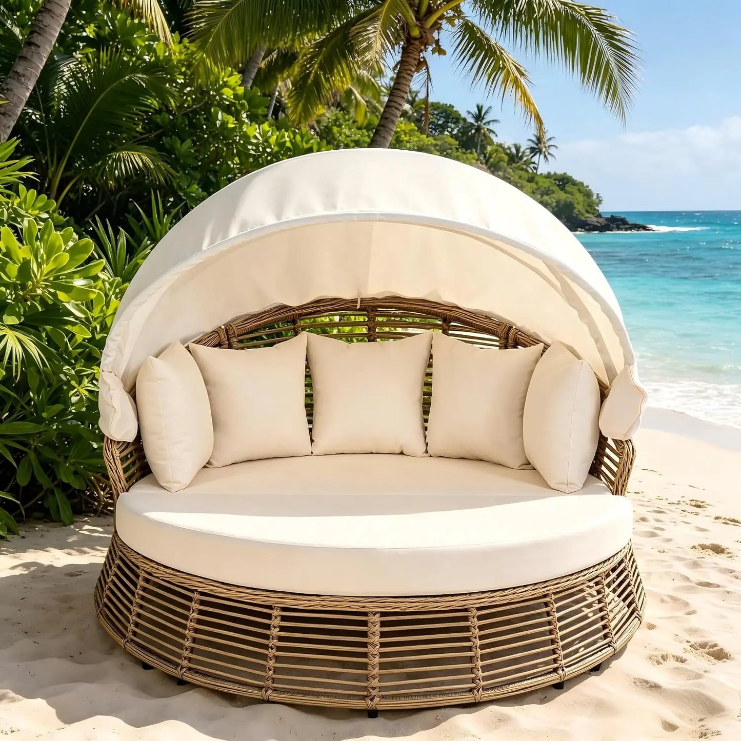 Patio Chaise Lounge, PE Rattan Outdoor Patio Wicker Sunbed Daybed with Adjustable Seats, Four-sided Canopy,, Customized