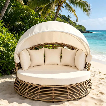 Patio Chaise Lounge, PE Rattan Outdoor Patio Wicker Sunbed Daybed with Adjustable Seats, Four-sided Canopy,, Customized