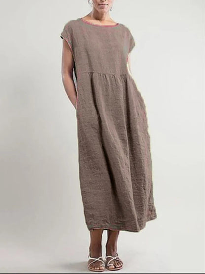 Women Elegant Solid Maxi Dress Summer Short Sleeve O Neck Vintage Harajuku Cotton Linen Loose Sundress Y2K Pockets Long Dress