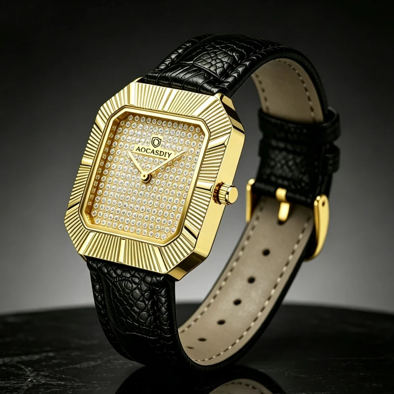 Men's Watch Gold Starry Sky with Diamonds Square Fashion Quartz Watch Waterproof Men's Watch High end Watch