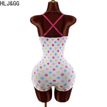 HLJ&GG Sexy Polka Dot Print Lace Splicing Bodycon One Piece Rompers Women Spaghetti Strap Sleeveless Backless Jumpsuits Street