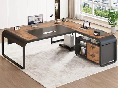 61" Executive L Shaped Desk with Drawer for Home Office,Rustic Brown | Executive Desk with Storage Shelves,Office Desk