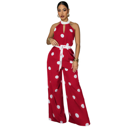 HLJ Retro Polka Dot Printting Bodycon Jumpsuit Women Halter Sleeveless Backless Rompers Casual Vacation Party Ladies Outfits New