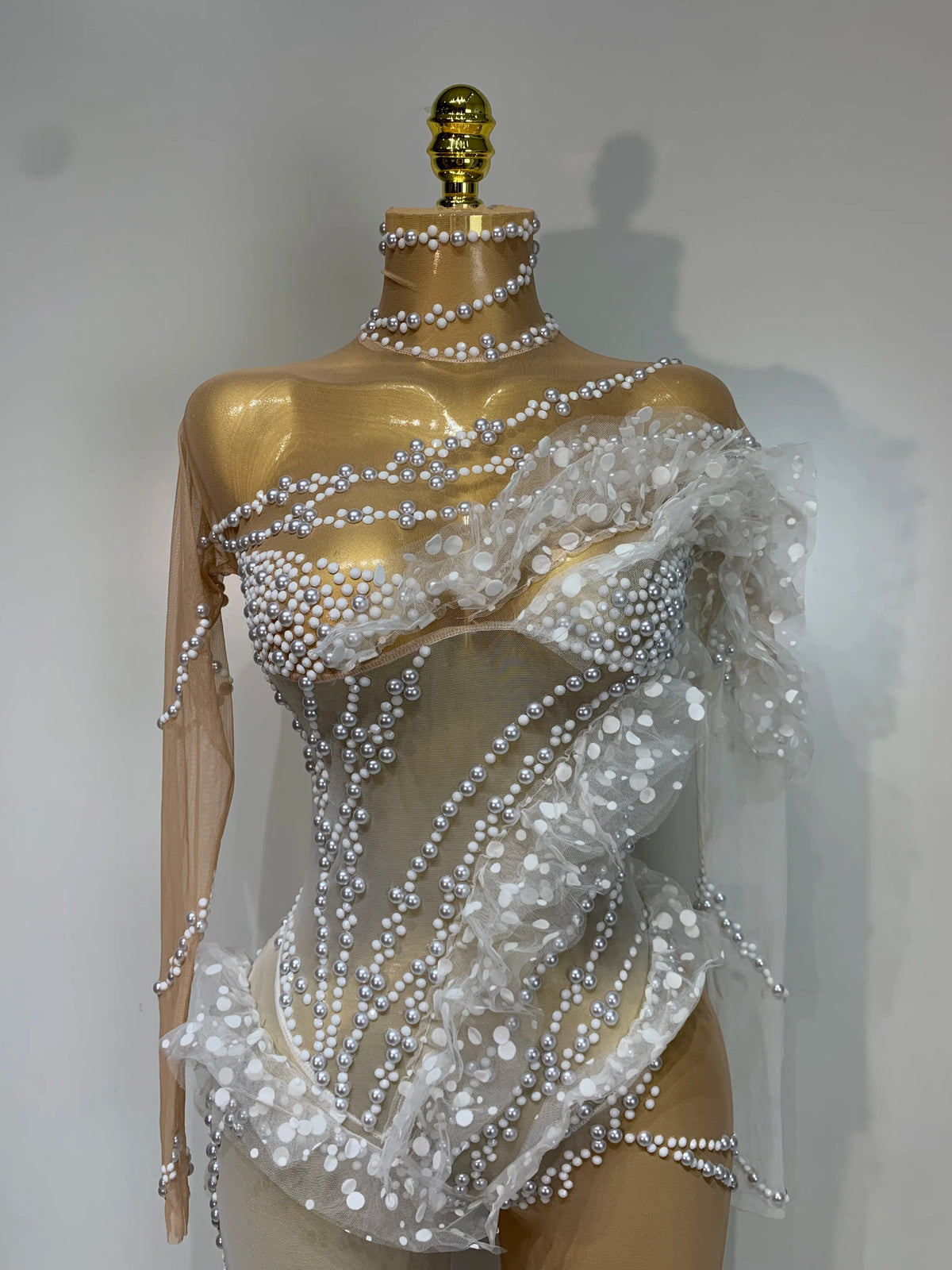 Women Sexy See Through Mesh Ruffles Pearls Jumpsuits Nightclub Party Jumpsuits Skinny Rompers Stage Show Singer Dance Outfit