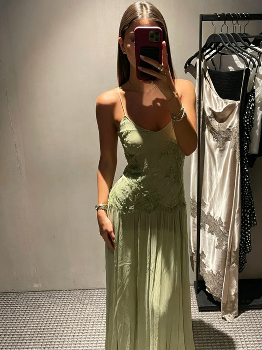 Women's Lace Spliced Dress Sage Green Floral Embroidery Spaghetti Strap Flowy Long Dress Elegant Bohemian Summer Party Dress