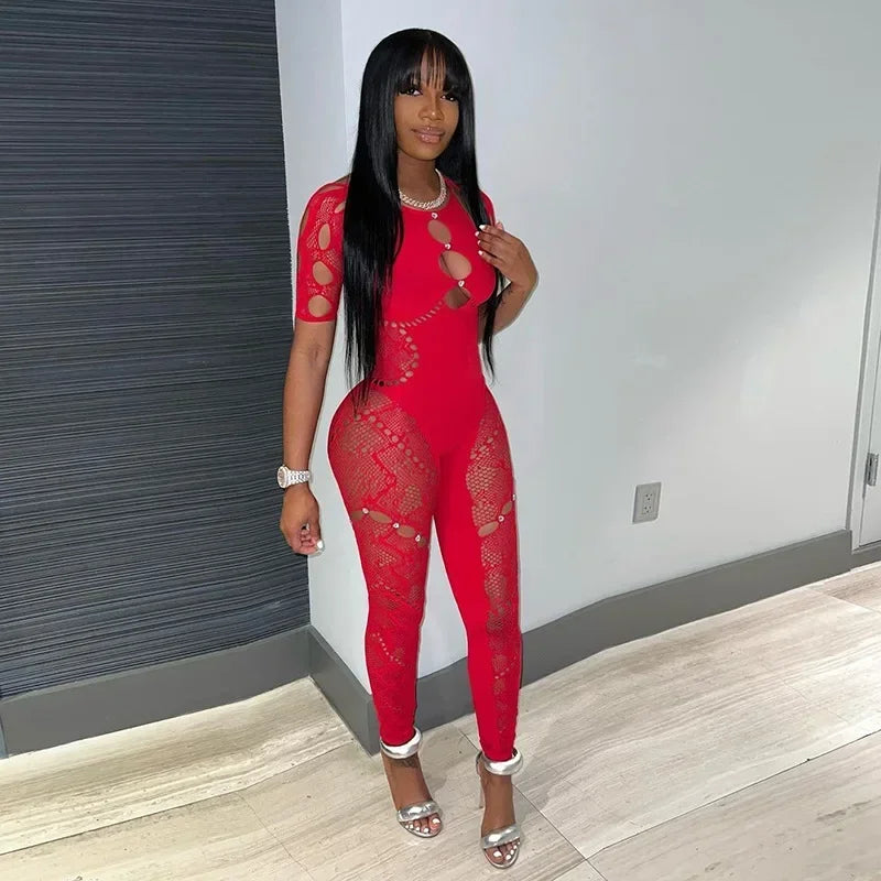 HLJ&GG Sexy Lace Hollow Bodycon Party Nightclub Jumpsuits Women Short Sleeve Skinny Pants Playsuits Female Hole Overalls 2025
