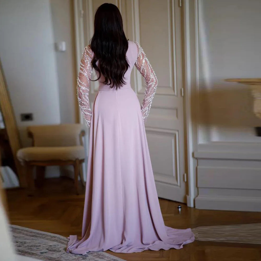 Customized Moest Square Neck Evening Dresses with Beaded Long Sleeve Mermaid Formal Gown with Detachable Train Satin Robe de