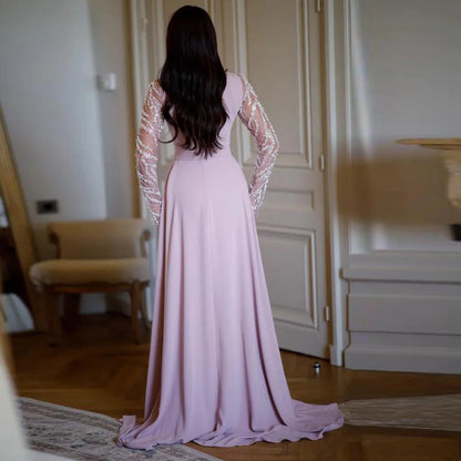 Customized Moest Square Neck Evening Dresses with Beaded Long Sleeve Mermaid Formal Gown with Detachable Train Satin Robe de