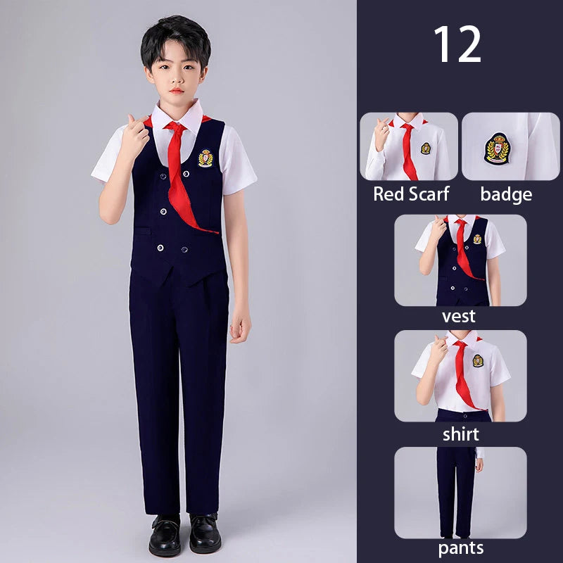 Girls Preppy Style Pleated Jumper Dress Headdress + Bow Tie Pants Suit Children Choir Poetry Performance Fashion School Uniform