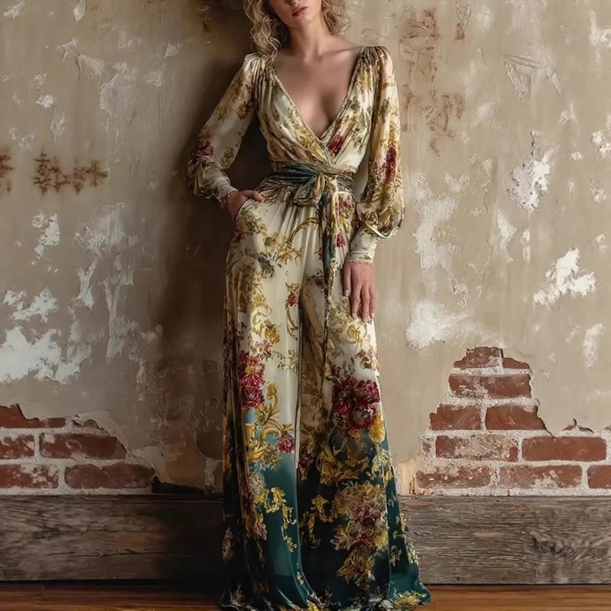 Women's Vintage Print Jumpsuits Fashion Sexy V-neck High Waist Leace-up Wide Legs Jumpsuit Lady Commuting Clothing 2026 New
