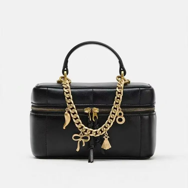 Womens Vintage National PU Leather Waterproof Quilted Chain Bag Black Crossbody Bag Bell Charm Top Handle for Date