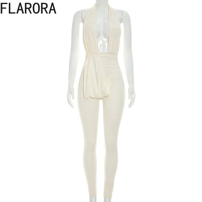 FLARORA Sexy Halter Backless Jumpsuits Woman Deep V-neck Sleeveless Ruched Waist With Draped Tie Skinny Jumpsuit Party Clubwear