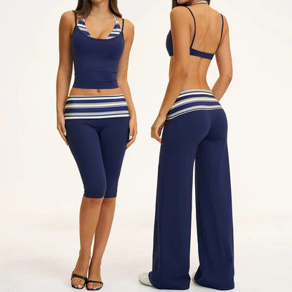 2PCS Stripes Fitness Suit Women's Tracksuits Polka Dot High Waist Workout Capri Pants Sports Set Female Yoga Sports Clothes