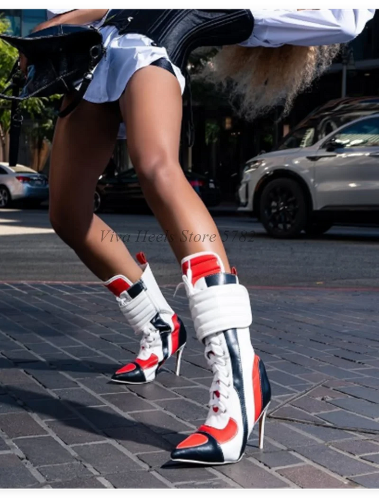 Cool Punk Mixed Colors Leather Motorcycle Boots Pointed Toe Lace up Sexy White Short Boots Women's High Heels Luxury Designer