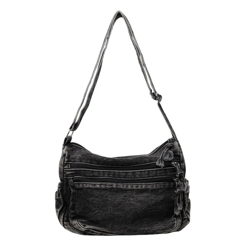 Vintage Denim Women's Shoulder Bag Large Capacity Messenger Bag Multi-pockets Satchel Bags Adjustable Strap Ladies Crossbody Bag