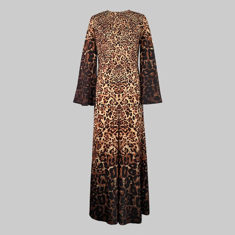 Ladies Fashion Leopard Printing Round Collar Flare Sleeve Wide-leg Jumpsuits High Street Loose Fit Club One Piece Overalls
