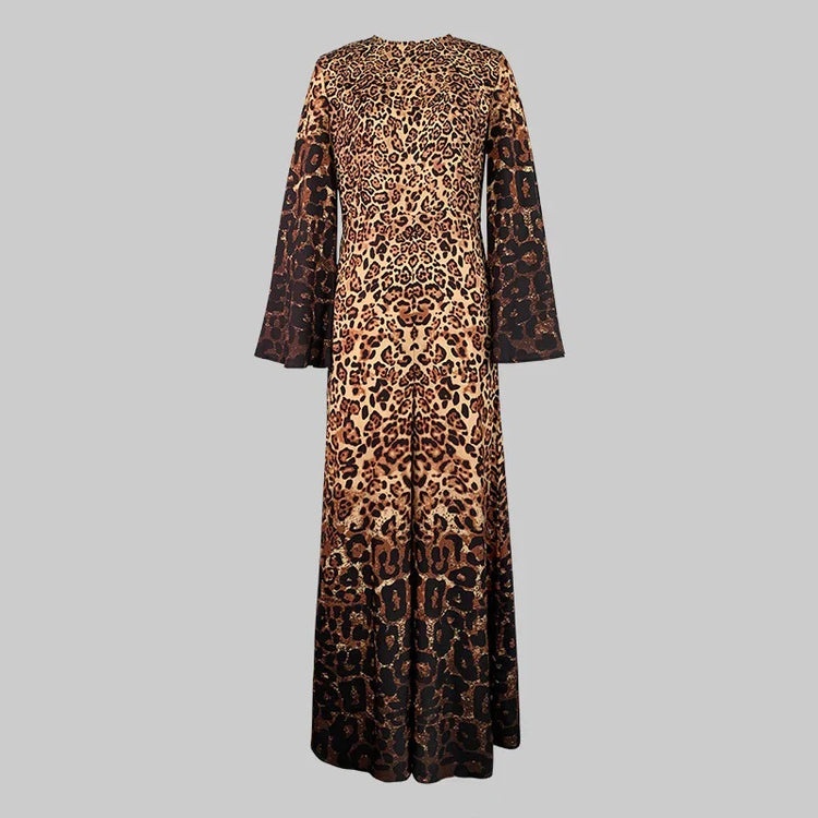 Ladies Fashion Leopard Printing Round Collar Flare Sleeve Wide-leg Jumpsuits High Street Loose Fit Club One Piece Overalls