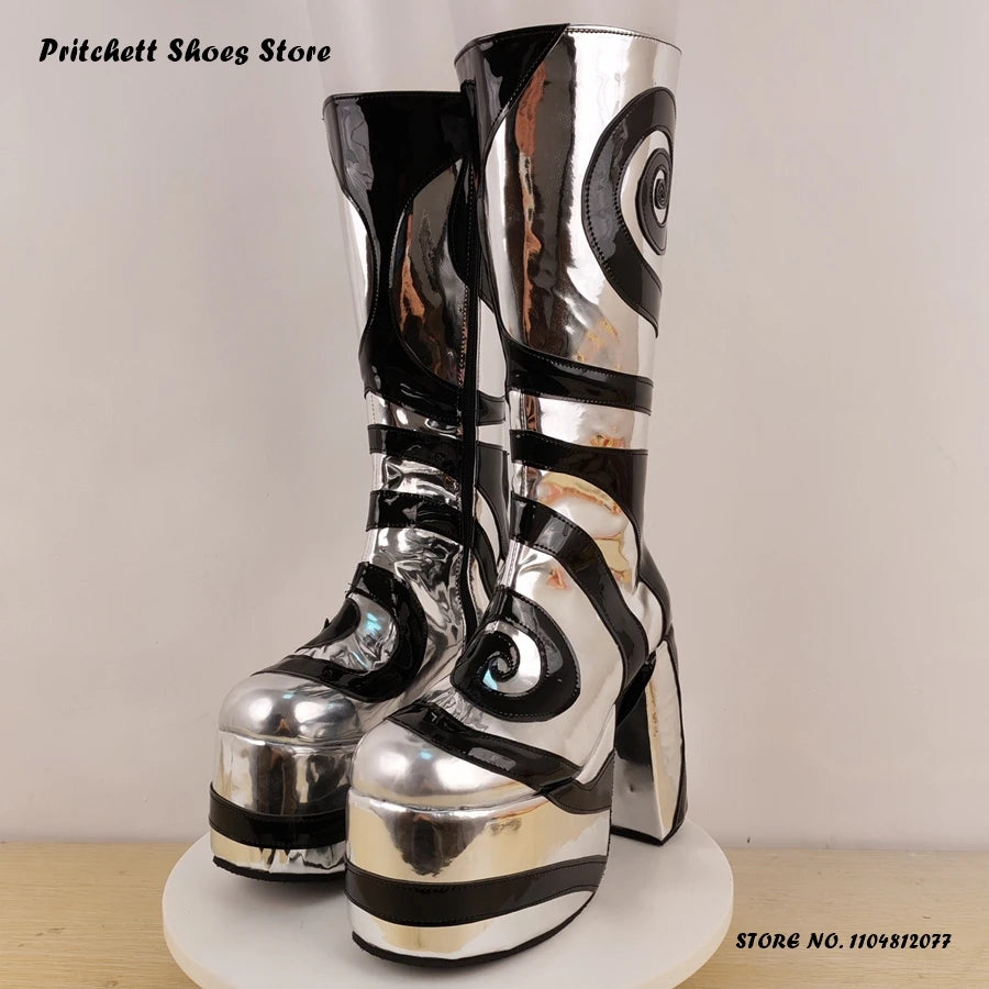 Patchwork Geometric Platform Knee Boots 2025 Spring Autumn Women's Height Increasing Shoes Round Toe Chunky Heel Western Boots