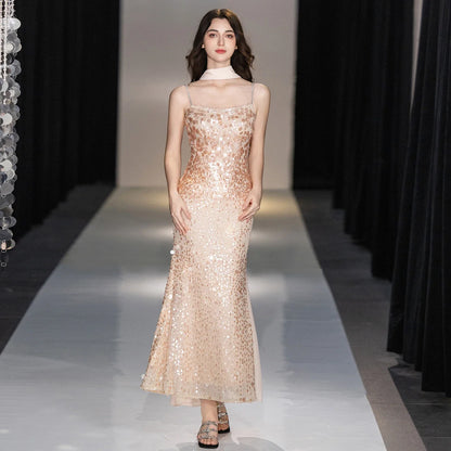Champagne Rhinestone Spaghetti Strap Mermaid Evening Dress Big Sequins Chiffon Cape Neck Scarf Midi Wedding Guest Gown