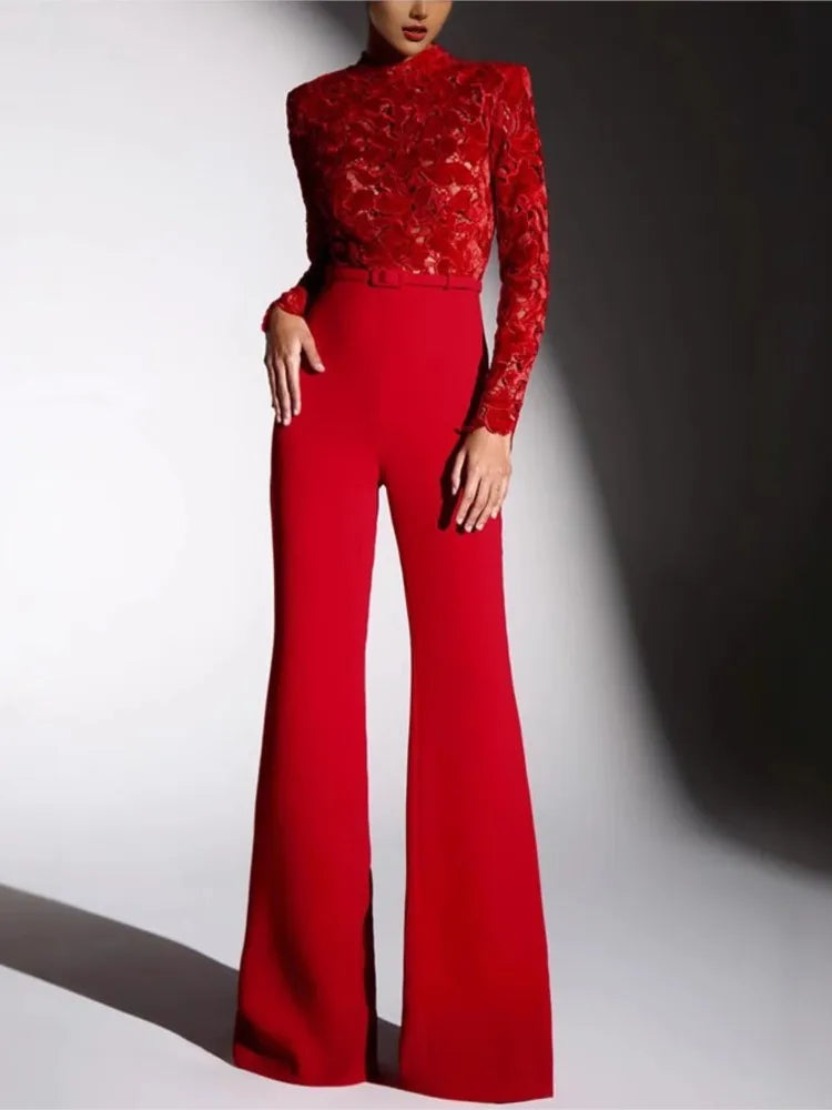 Autumn And Winter New Long-sleeved Belt High-waisted Casual One-piece Flared Trousers Women's Casual Loose Party Jumpsuits