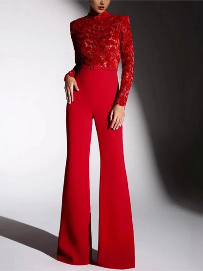 Autumn And Winter New Long-sleeved Belt High-waisted Casual One-piece Flared Trousers Women's Casual Loose Party Jumpsuits
