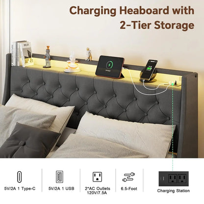 Queen Upholstered Bed Frame 4 Storage Drawers LED Lights USB Charging Headboard, Custom
