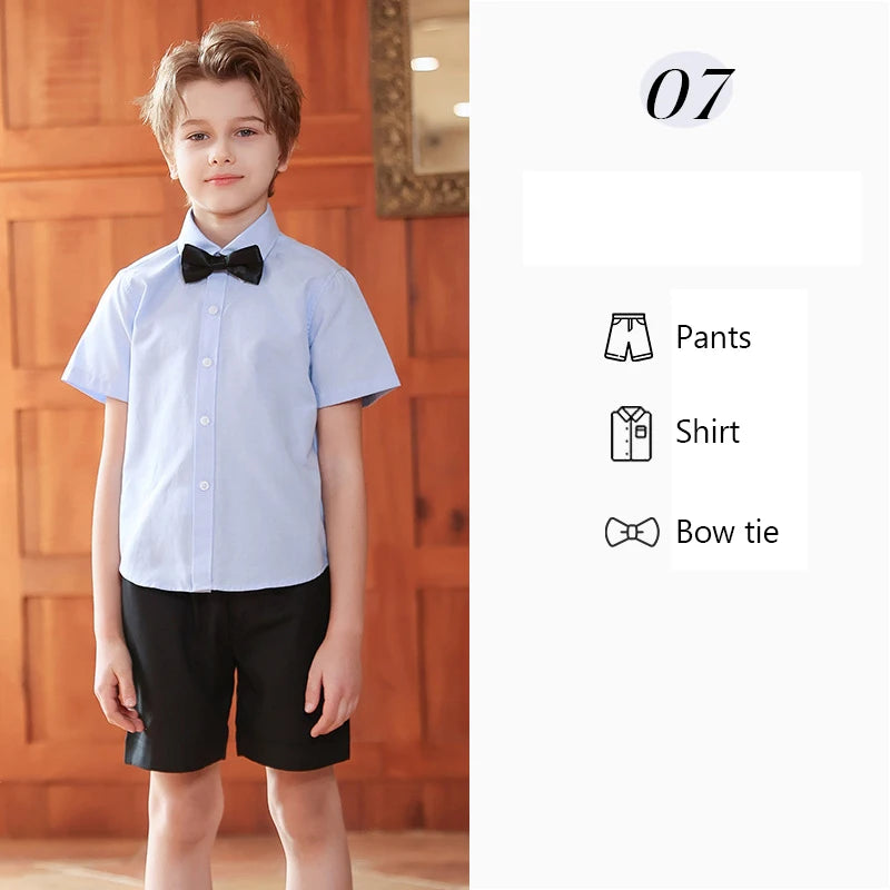 Children Summer Kindergarten School Uniforms Girls Pleated Skirts JK Suit Boys Shirt Shorts Bowtie Wedding Performance Costume