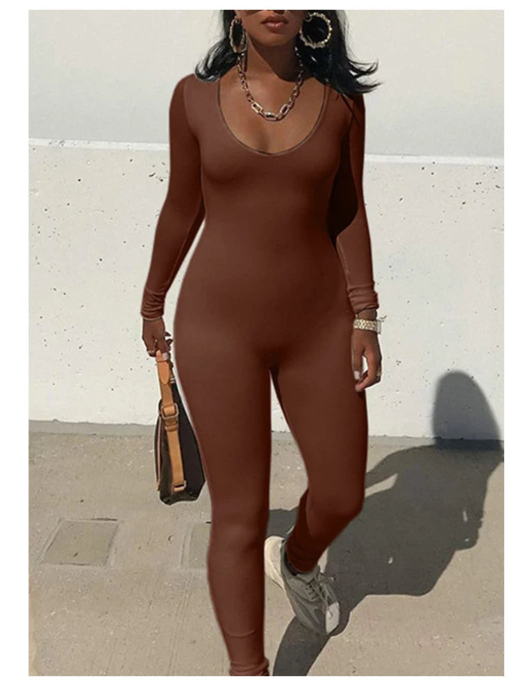 Spring and Summer New Women's Jumpsuit Long Sleeve Solid Color Skinny Jumpsuit Fashion Sports Fitness Jumpsuit Pullover