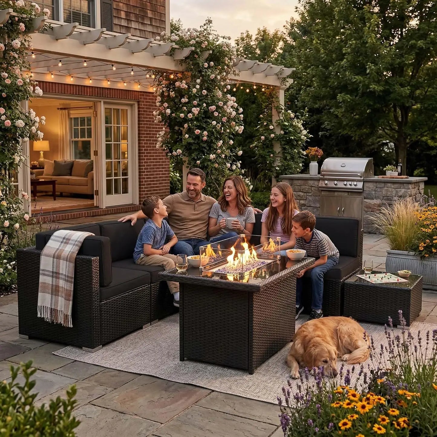 8-Piece Patio Wicker Sectional Sofa Set with 44" Propane Fire Pit Table & Coffee Table, Outdoor Furniture, Custom