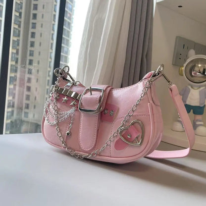 Fashion Hot Girls Square Shoulder Bags Retro Rivet Star Women's Underarm Bag Sweet Pu Leather Female Chain Handbags Pink Purse