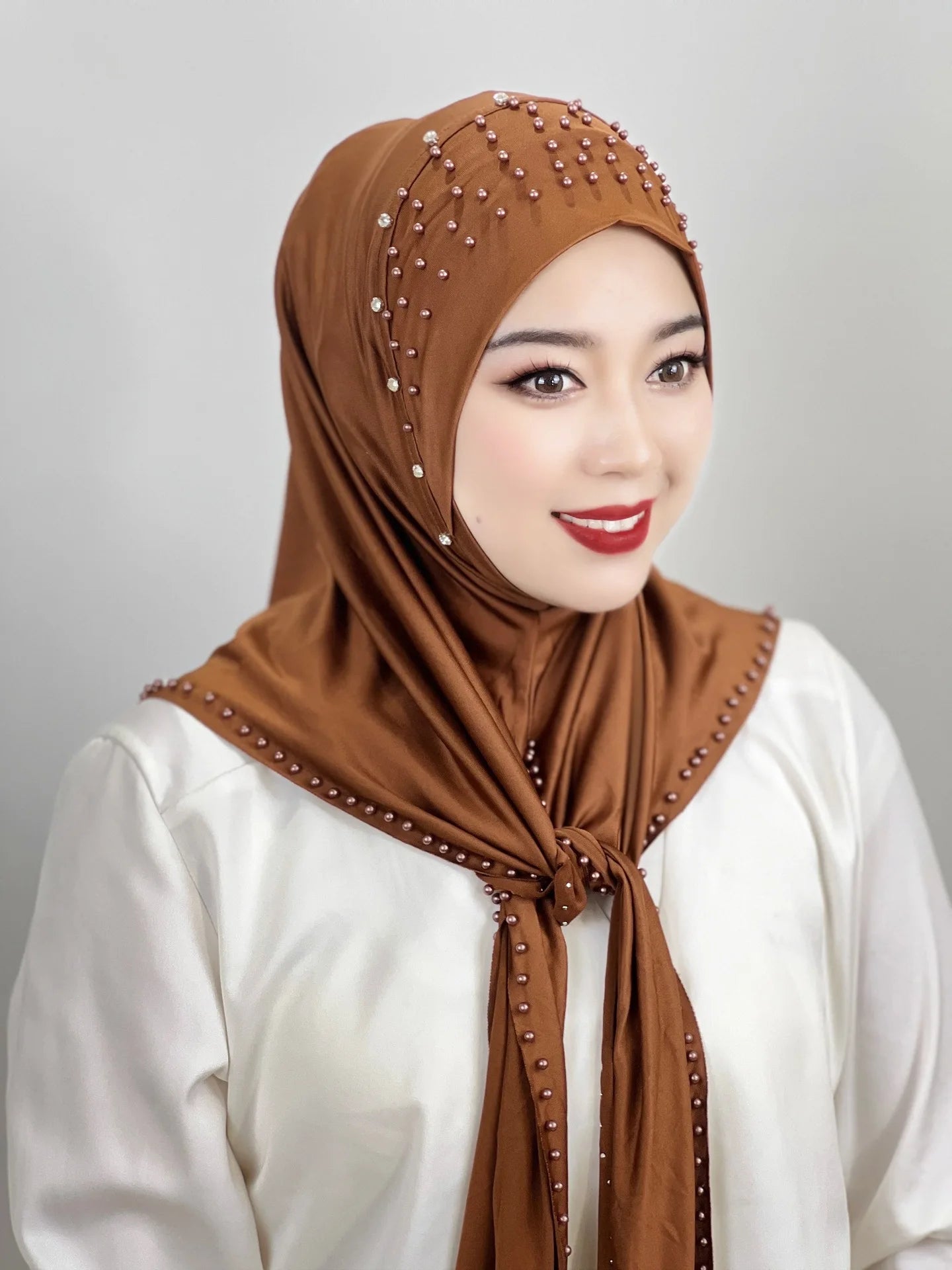 2026 Fashion Versatile Beaded Hijab for Women,Mid-Length Convenient Pull-over Hat Scarf,Malay Shawl Pure Color Women's Headscarf