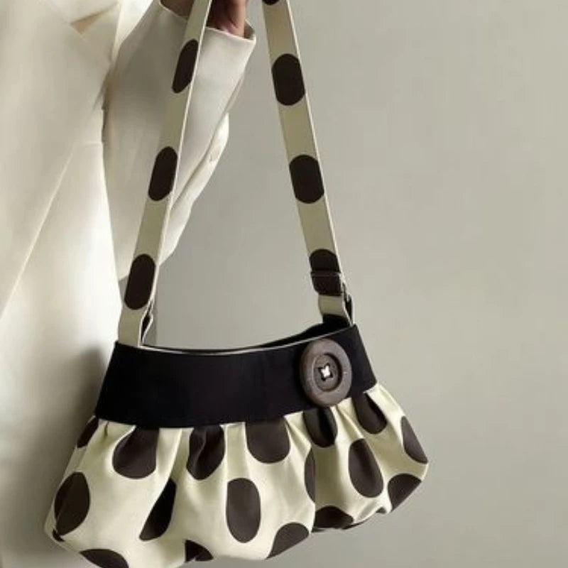 Pleated Design Dumpling Bag Retro Polka Dot Wooden Button Decor Handbag Soft Striped Shoulder Bags Pattern Casual Commuter Bag