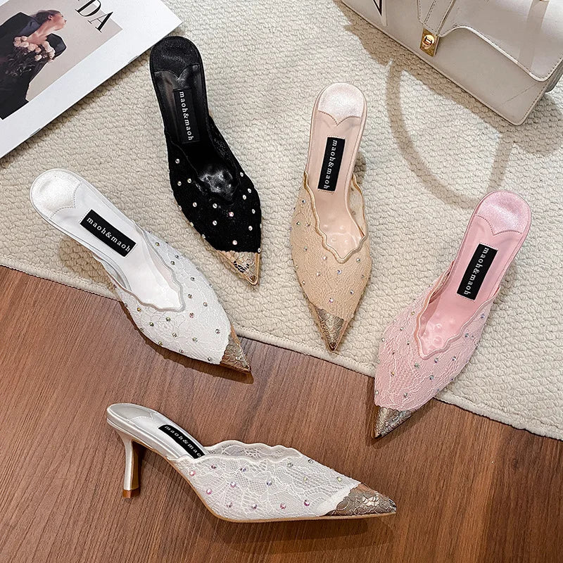 Luxury Rhinestones Mesh Lace Women Pumps Sandals Summer Elegant Pointed Toe 8cm Thin High Heels Mulse Sides  Fashion Party Shoes