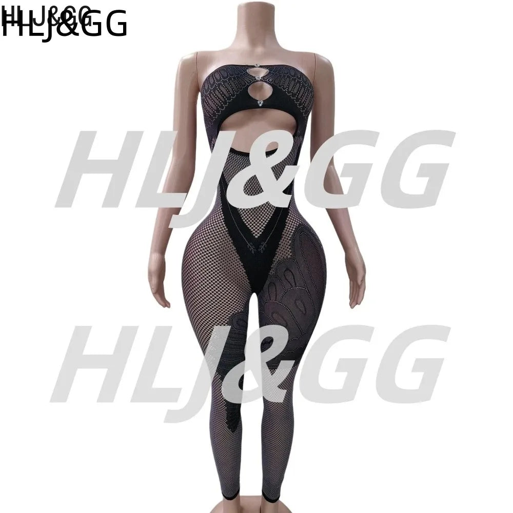 HLJ&GG Sexy Off Shoulder Hollow Out Bodycon One Piece Jumpsuits Women Sleeveless Backless Slim Playsuit Fashion Stretchy Overall