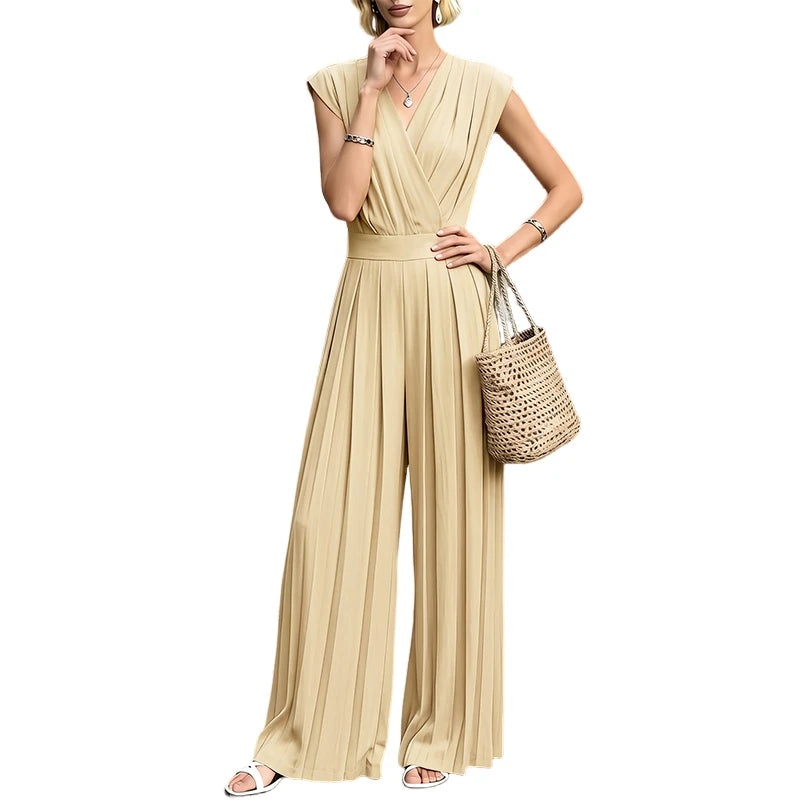 Women Street Fashion Minimalist Jumpsuits V-Neck Sleeveless Inverted Pleats Wide Leg Pant Overalls ZANZEA Commute Work Playsuits