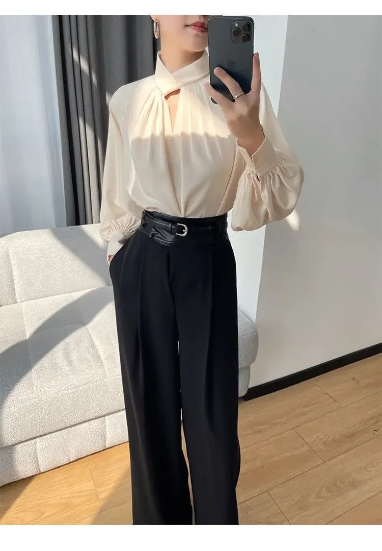 Women's Korean Fashion Hollow Ruffled Elegant Blouse Office Lady Stand Collar Business Casual Shirt Long Sleeve Solid Loose Tops
