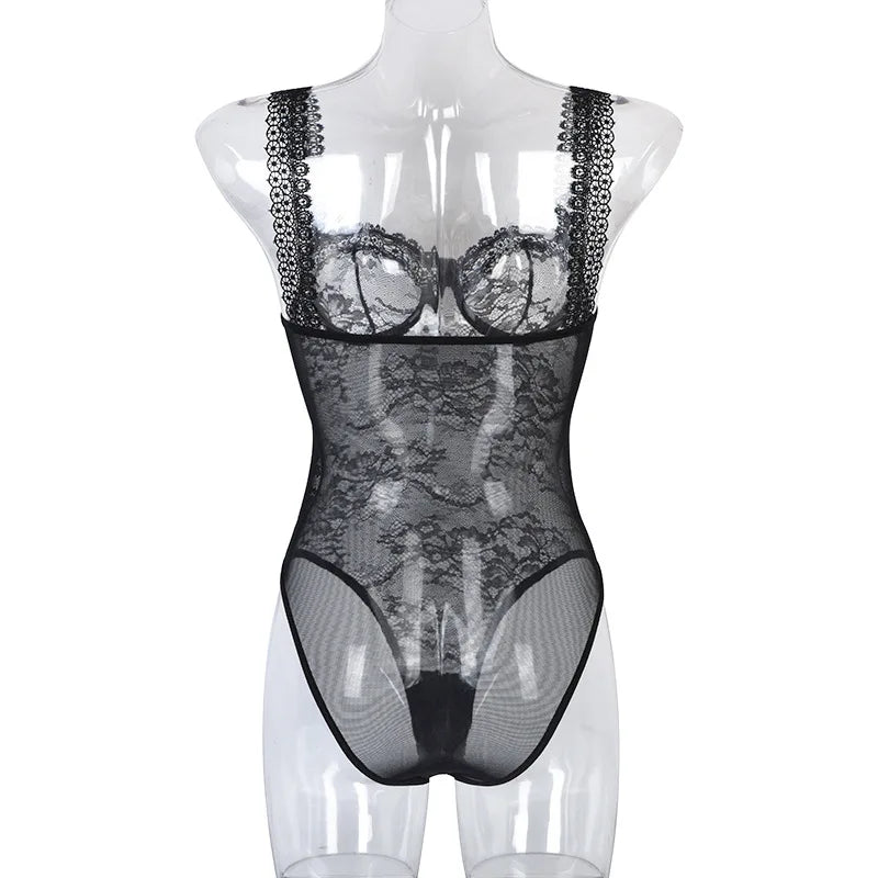 Hirigin Sheer Lace Sexy Underwear Playsuits Ladies Strap Floral Transparent Sexy Bodysuits French Style Sensual Porn Nightwear