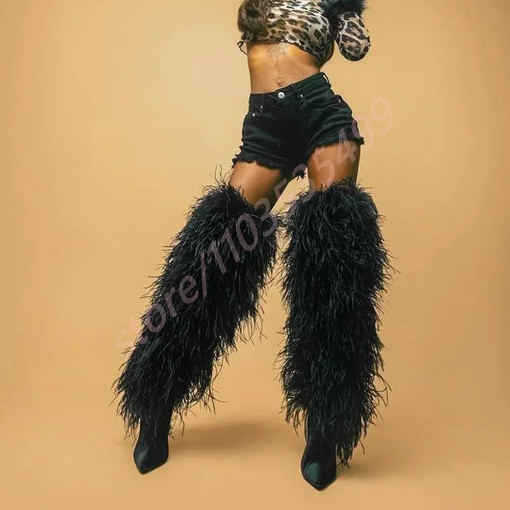 2025 Winter Black Sexy Ladies Catwalk Fur Boots Fashion Street Model Soft Fur Knee-High Stage Boots Pointed Warm Stiletto Boots
